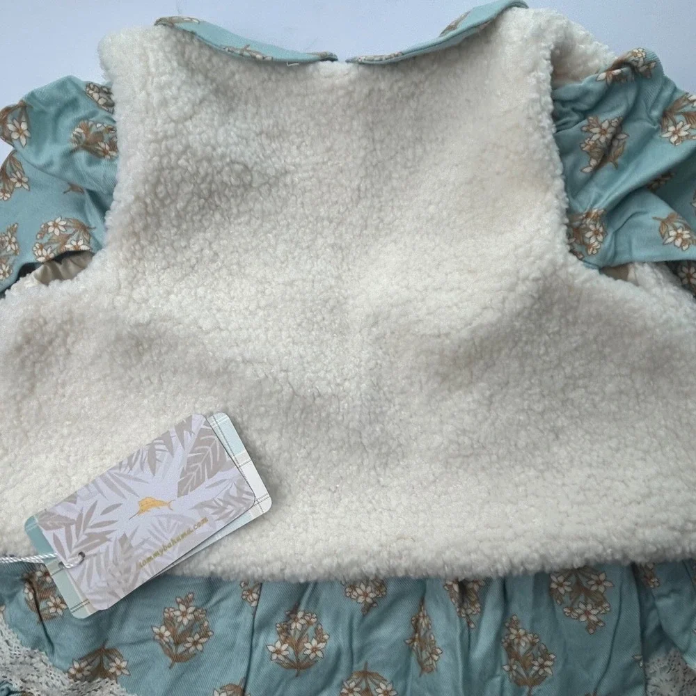NEW Tommy Bahama Floral Dress Sherpa Vest‎ Peter Pan Collar Long Sleeve 18 month